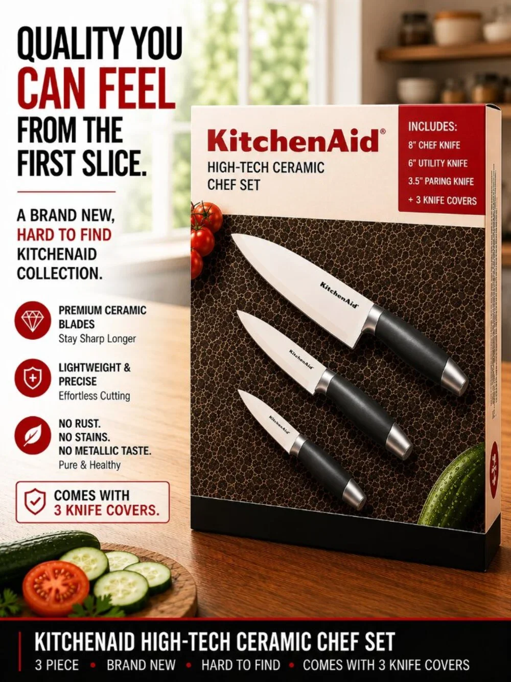 KitchenAid High-Tech Ceramic 3 Pc Knife Set w/ Covers Brand New Hard to Find